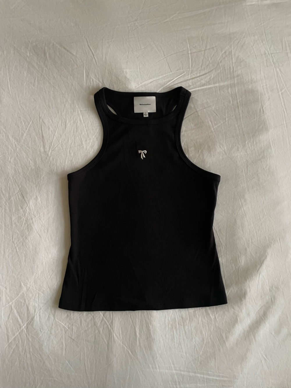 Reformation Black Ribbed Racerback Tank with Embroidered Bow